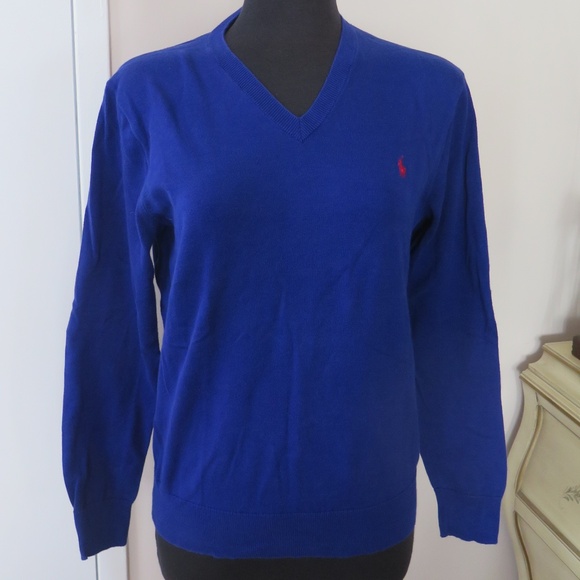 Polo Ralph Lauren Royal Blue V-neck Sweater - Corduroy Elbow Patches - Picture 2 of 11